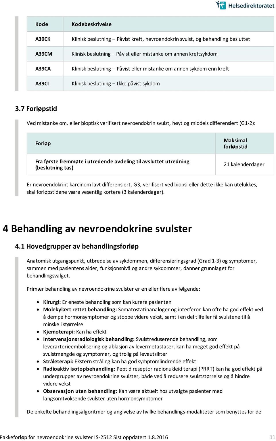 7 Forløpstid Ved mistanke om, eller bioptisk verifisert nevroendokrin svulst, høyt og middels differensiert (G1-2): Forløp Fra første fremmøte i utredende avdeling til avsluttet utredning (beslutning