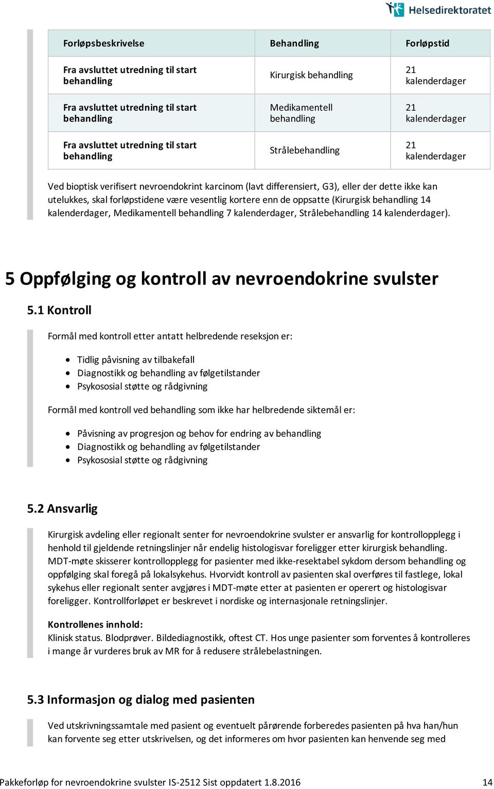 kortere enn de oppsatte (Kirurgisk behandling 14, Medikamentell behandling 7, Strålebehandling 14 ). 5 Oppfølging og kontroll av nevroendokrine svulster 5.