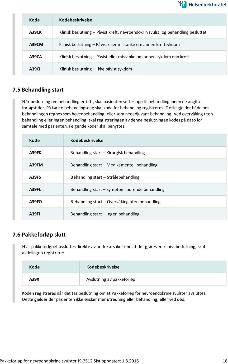 5 Behandling start Na r beslutning om behandling er ta, skal pasienten se es opp l behandling innen de angi e forløps der. Pa første behandlingsdag skal kode for behandling registreres.