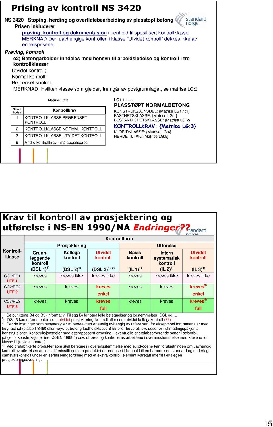 MERKNAD Hvilken klasse som gjelder, fremgår av postgrunnlaget, se matrise LG:3.