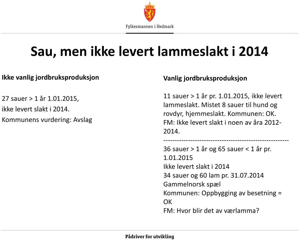 Mistet 8 sauer til hund og rovdyr, hjemmeslakt. Kommunen: OK. FM: Ikke levert slakt i noen av åra 2012-2014.