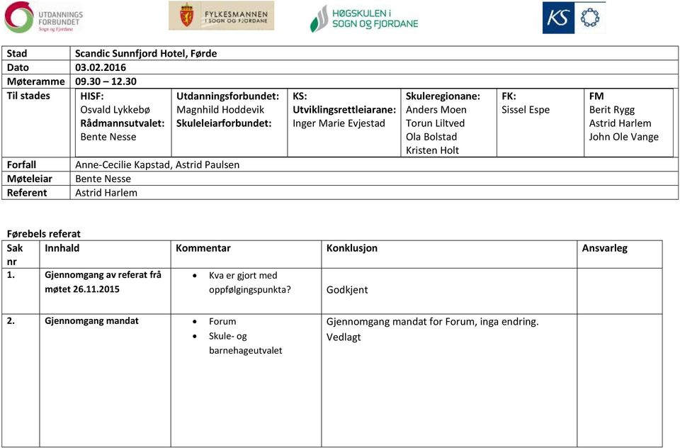 Paulsen Bente Nesse Astrid Harlem KS: Utviklingsrettleiarane: Inger Marie Evjestad Skuleregionane: Anders Moen Torun Liltved Ola Bolstad Kristen Holt FK: Sissel Espe FM Berit Rygg