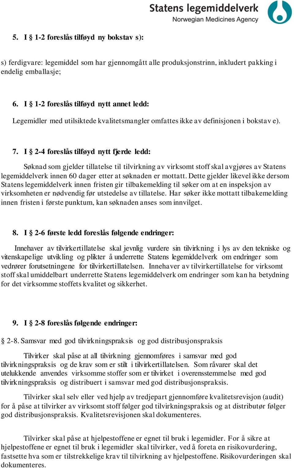 I 2-4 foreslås tilføyd nytt fjerde ledd: Søknad som gjelder tillatelse til tilvirkning av virksomt stoff skal avgjøres av Statens legemiddelverk innen 60 dager etter at søknaden er mottatt.