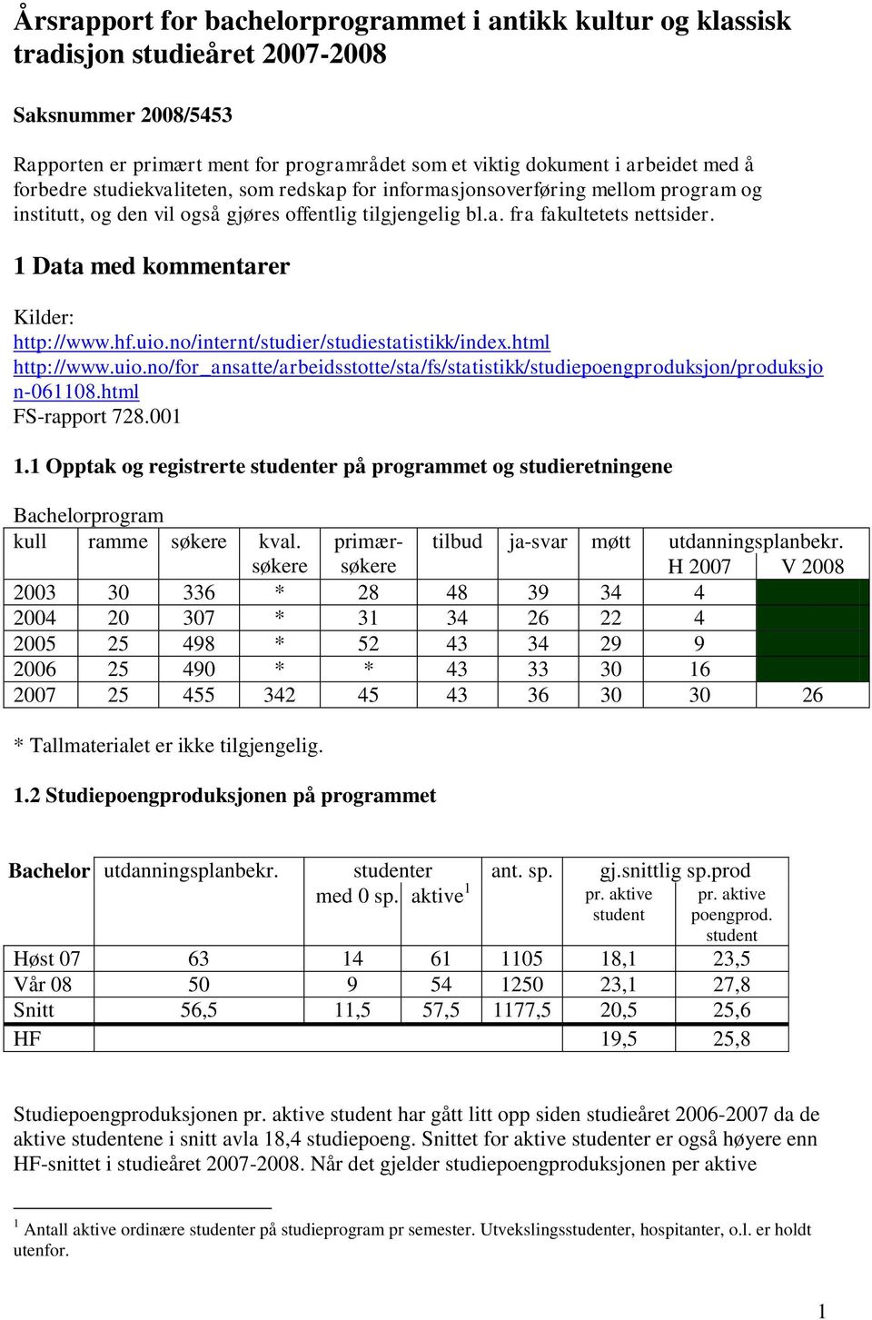 1 Data med kommentarer Kilder: http://www.hf.uio.no/internt/studier/studiestatistikk/index.html http://www.uio.no/for_ansatte/arbeidsstotte/sta/fs/statistikk/studiepoengproduksjon/produksjo n-061108.