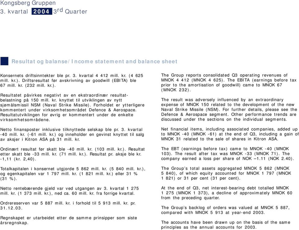Forholdet er ytterligere kommentert under virksomhetsområdet Defence & Aerospace. Resultatutviklingen for øvrig er kommentert under de enkelte virksomhetsområdene.