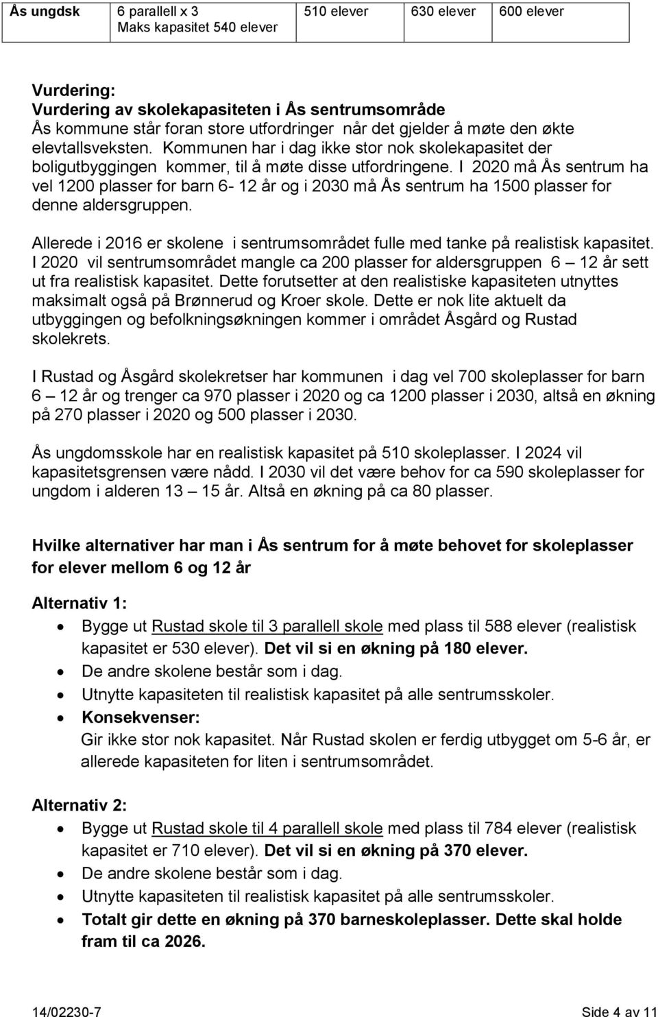 I 2020 må Ås sentrum ha vel 1200 plasser for barn 6-12 år og i 2030 må Ås sentrum ha 1500 plasser for denne aldersgruppen.