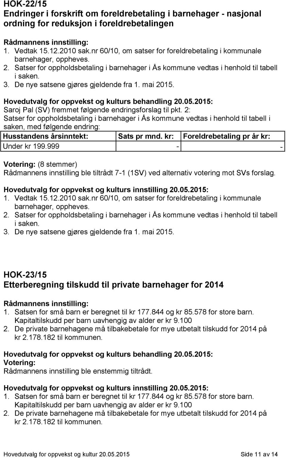 De nye satsene gjøres gjeldende fra 1. mai 2015. Saroj Pal (SV) fremmet følgende endringsforslag til pkt.