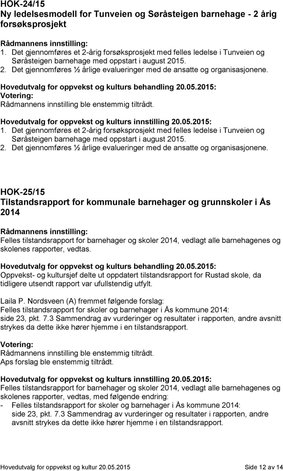 1.  HOK-25/15 Tilstandsrapport for kommunale barnehager og grunnskoler i Ås 2014 Felles tilstandsrapport for barnehager og skoler 2014, vedlagt alle barnehagenes og skolenes rapporter, vedtas.