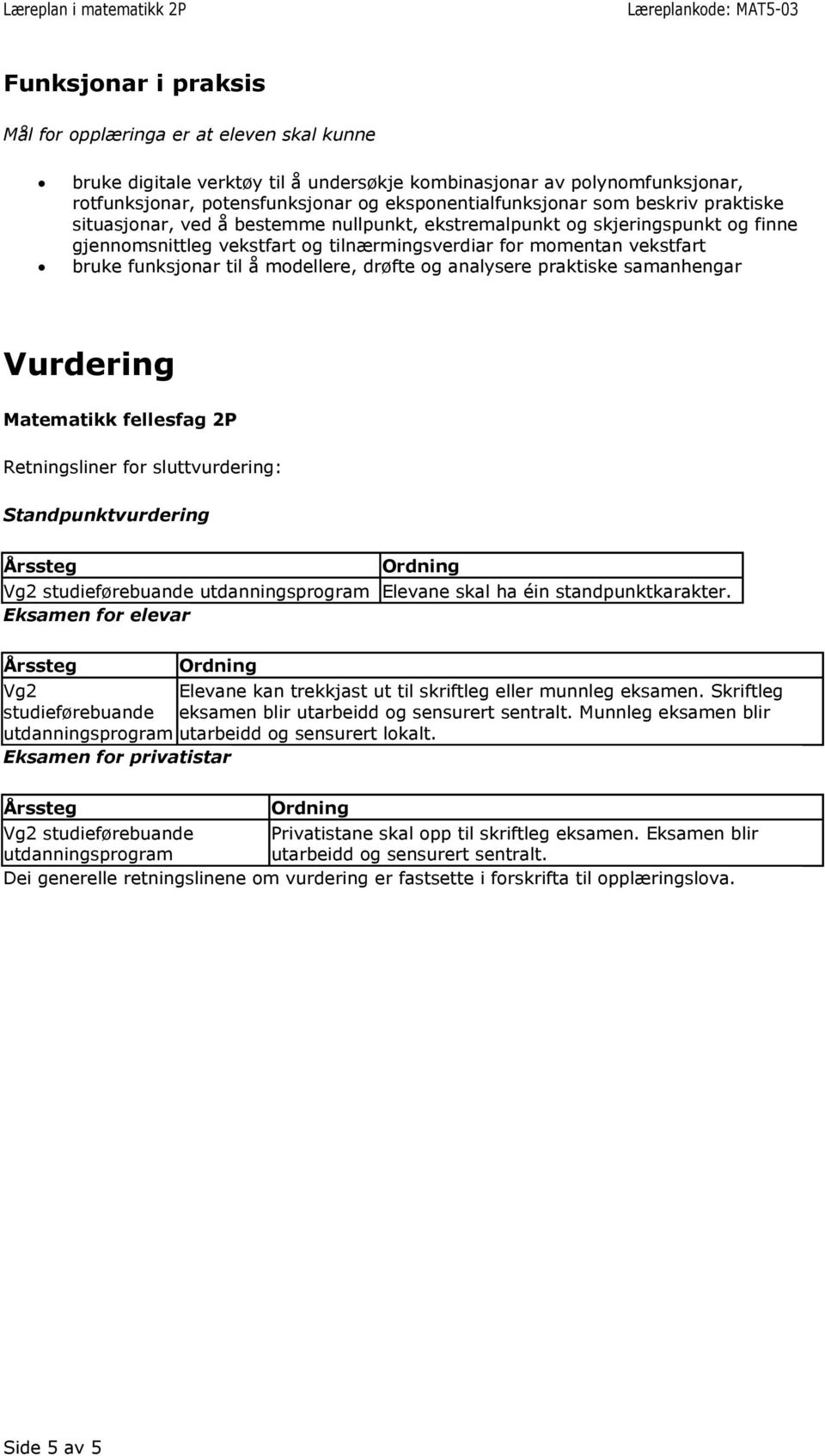 samanhengar Vurdering Matematikk fellesfag 2P Retningsliner for sluttvurdering: Standpunktvurdering Vg2 studieførebuande utdanningsprogram Elevane skal ha éin standpunktkarakter.