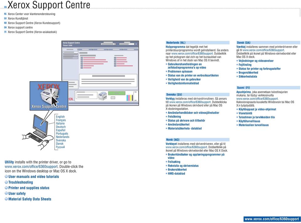 User manuals and video tutorials Troubleshooting Printer and supplies status User safety Material Safety Data Sheets English Français Italiano Deutsch Español Português Nederlands Svenska Dansk