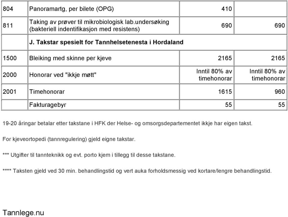 timehonorar 2001 Timehonorar 1615 960 Fakturagebyr 55 55 19-20 åringar betalar etter takstane i HFK der Helse- og omsorgsdepartementet ikkje har eigen takst.