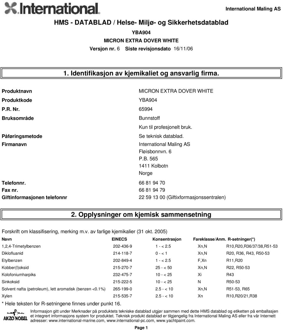 Opplysninger om kjemisk sammensetning Forskrift om klassifisering, merking m.v. av farlige kjemikalier (31 okt. 2005) Navn EINECS Konsentrasjon Fareklasse/Anm.