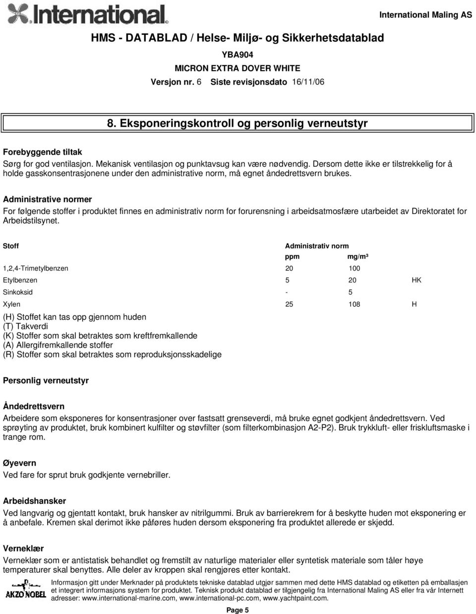 Administrative normer For følgende stoffer i produktet finnes en administrativ norm for forurensning i arbeidsatmosfære utarbeidet av Direktoratet for Arbeidstilsynet.