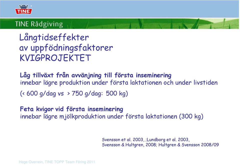 750 g/dag: 500 kg) Feta kvigor vid första inseminering innebar lägre mjölkproduktion under första