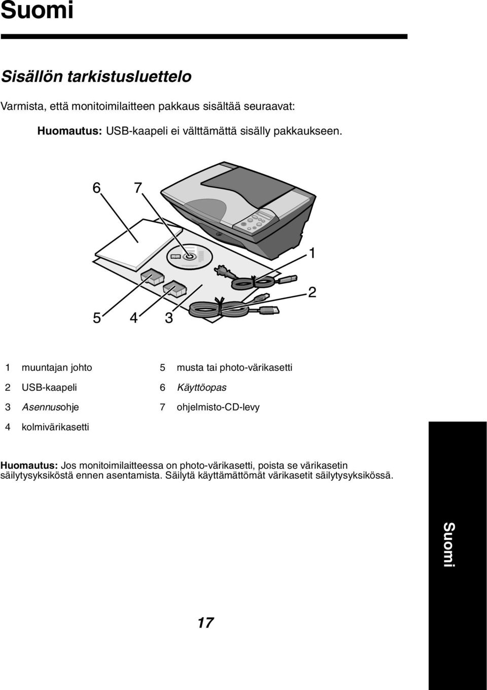 1 muuntajan johto 5 musta tai photo-värikasetti 2 USB-kaapeli 6 Käyttöopas 3 Asennusohje 7 ohjelmisto-cd-levy 4