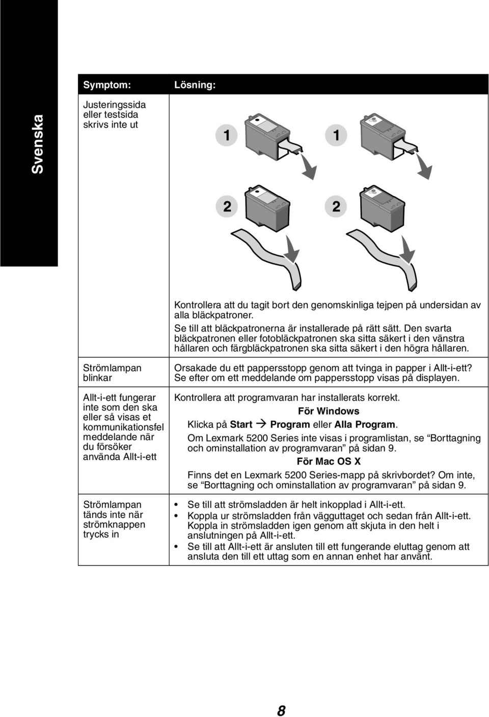 Den svarta bläckpatronen eller fotobläckpatronen ska sitta säkert i den vänstra hållaren och färgbläckpatronen ska sitta säkert i den högra hållaren.