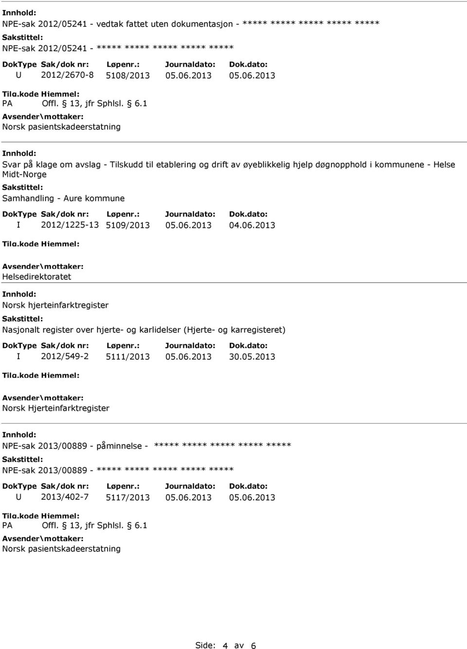 5109/2013 Helsedirektoratet Norsk hjerteinfarktregister Nasjonalt register over hjerte- og karlidelser (Hjerte- og karregisteret) 2012/549-2 5111/2013 30.05.