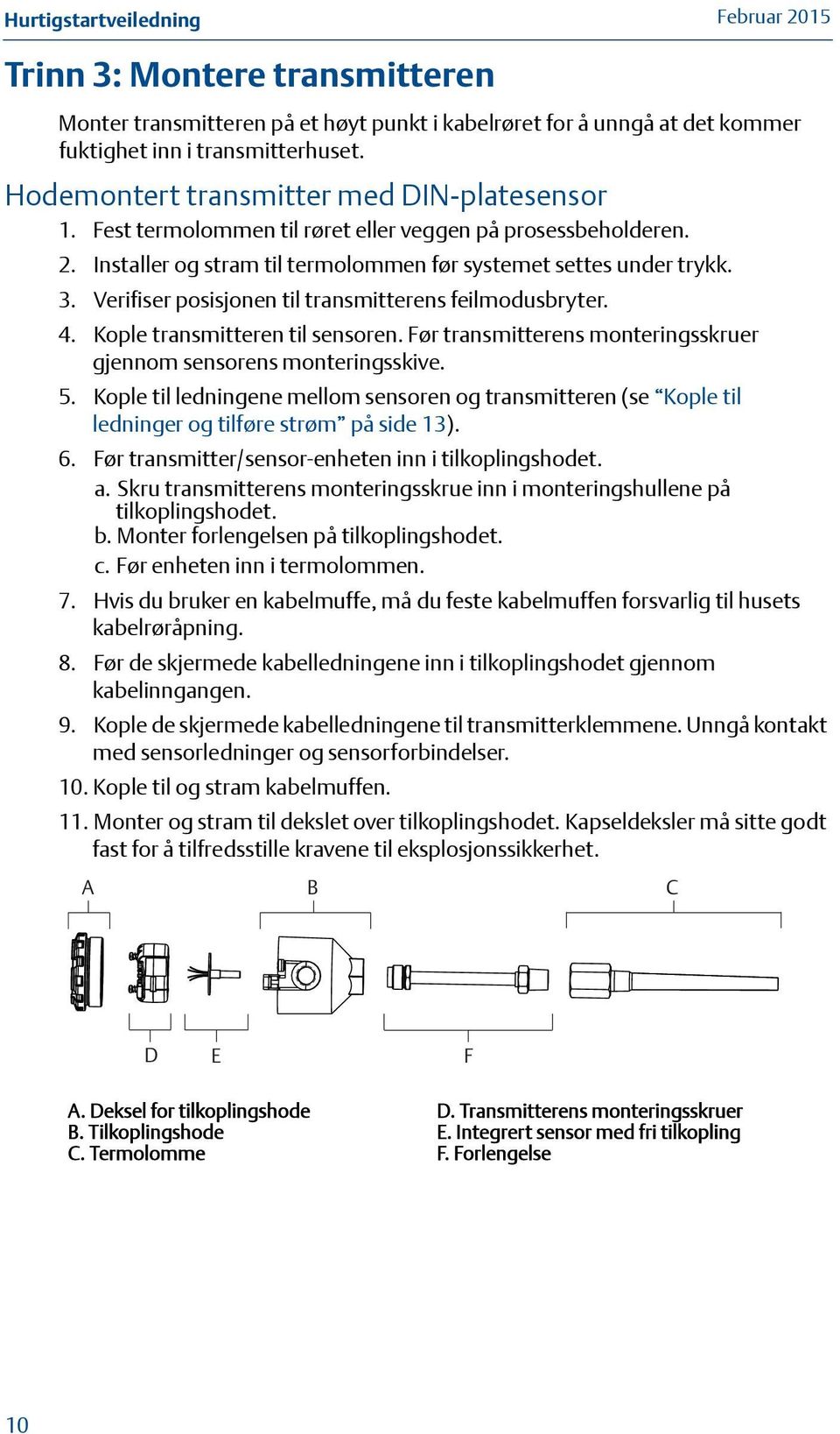 Verifiser posisjonen til transmitterens feilmodusbryter. 4. Kople transmitteren til sensoren. Før transmitterens monteringsskruer gjennom sensorens monteringsskive. 5.