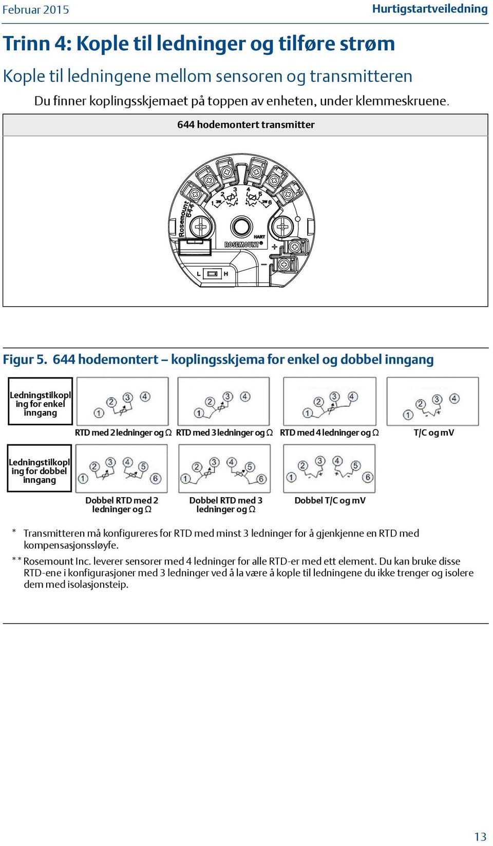 644 hodemontert koplingsskjema for enkel og dobbel inngang Ledningstilkopl ing for enkel inngang RTD med 2 ledninger og Ω RTD med 3 ledninger og Ω RTD med 4 ledninger og Ω T/C og mv Ledningstilkopl