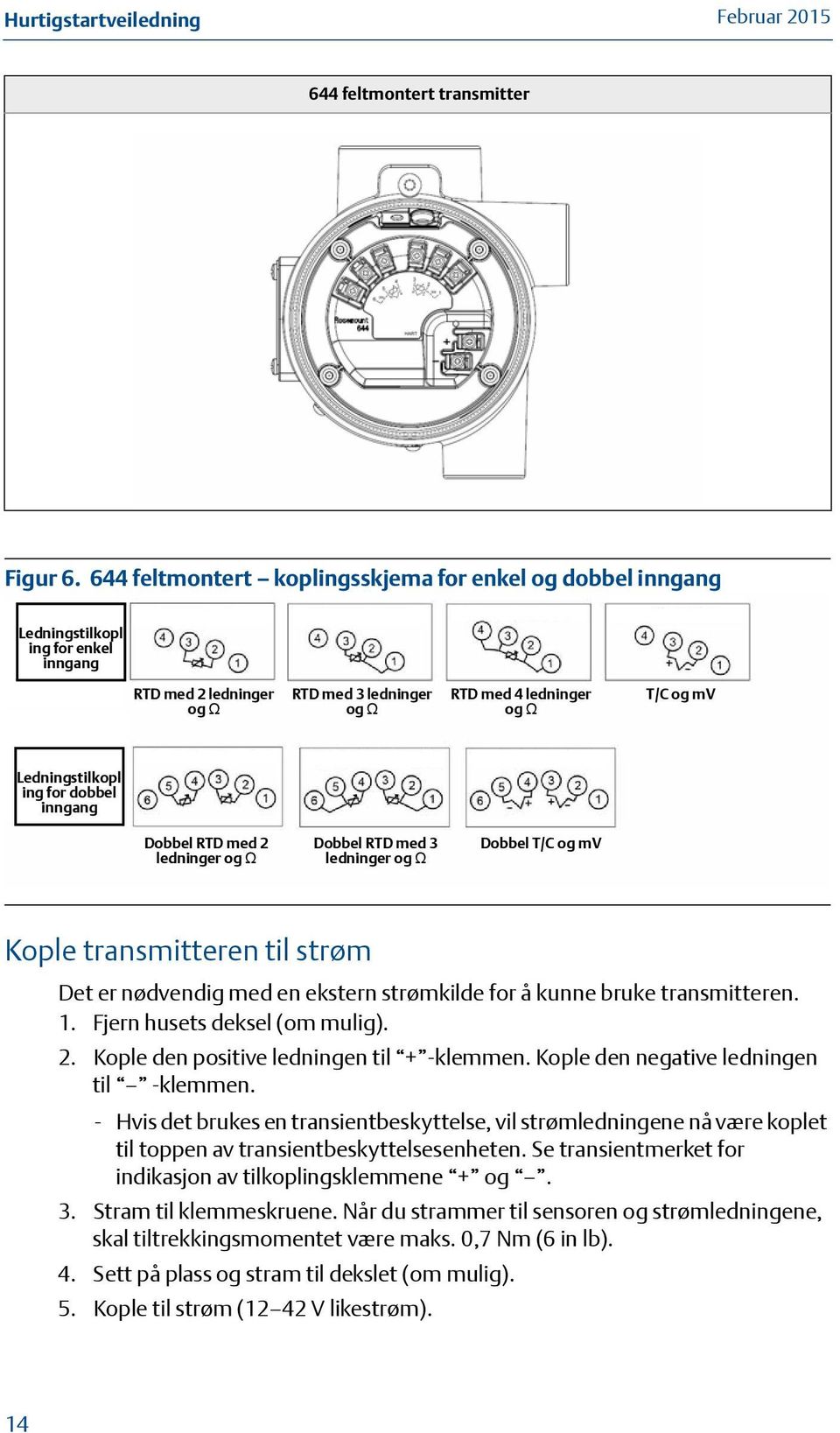 ing for dobbel inngang Dobbel RTD med 2 ledninger og Ω Dobbel RTD med 3 ledninger og Ω Dobbel T/C og mv Kople transmitteren til strøm Det er nødvendig med en ekstern strømkilde for å kunne bruke