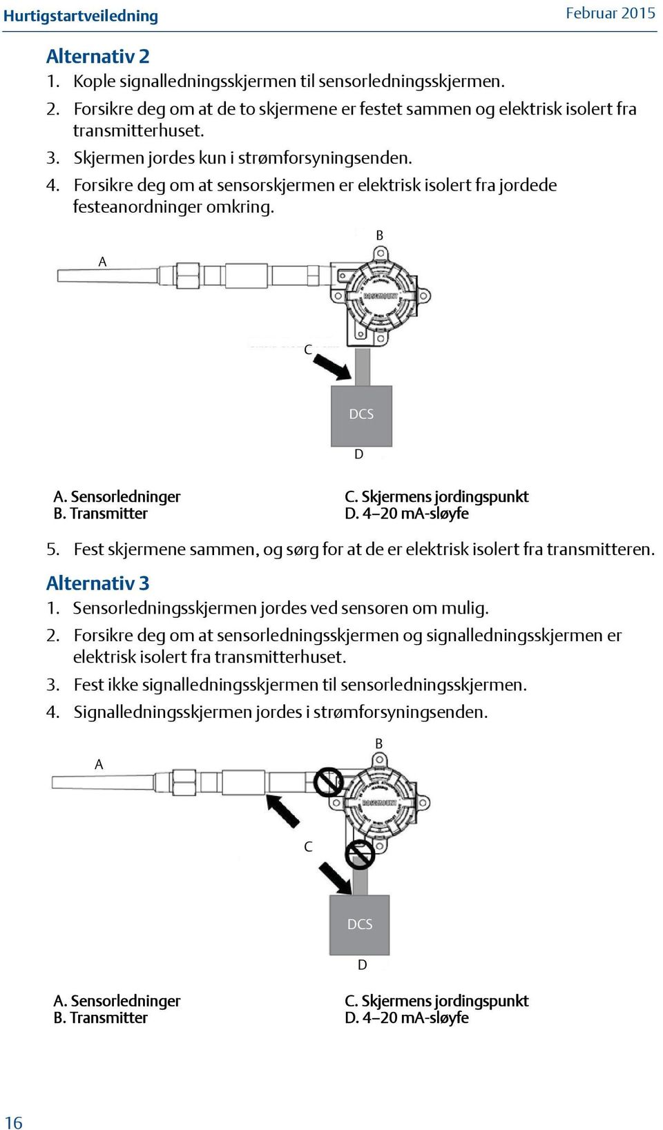 Skjermens jordingspunkt D. 4 20 ma-sløyfe 5. Fest skjermene sammen, og sørg for at de er elektrisk isolert fra transmitteren. Alternativ 3 1. Sensorledningsskjermen jordes ved sensoren om mulig. 2. Forsikre deg om at sensorledningsskjermen og signalledningsskjermen er elektrisk isolert fra transmitterhuset.