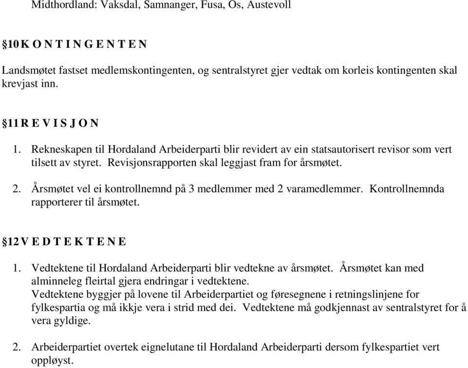 Årsmøtet vel ei kontrollnemnd på 3 medlemmer med 2 varamedlemmer. Kontrollnemnda rapporterer til årsmøtet. 12 V E D T E K T E N E 1. Vedtektene til Hordaland Arbeiderparti blir vedtekne av årsmøtet.