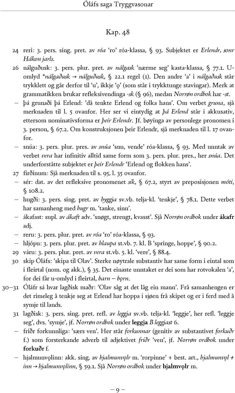 Merk at grammatikken brukar refleksivendinga -sk ( 96), medan Norrøn ordbok har -st. þá grunaði þá Erlend: då tenkte Erlend og folka hans. Om verbet gruna, sjå merknaden til l. 5 ovanfor.