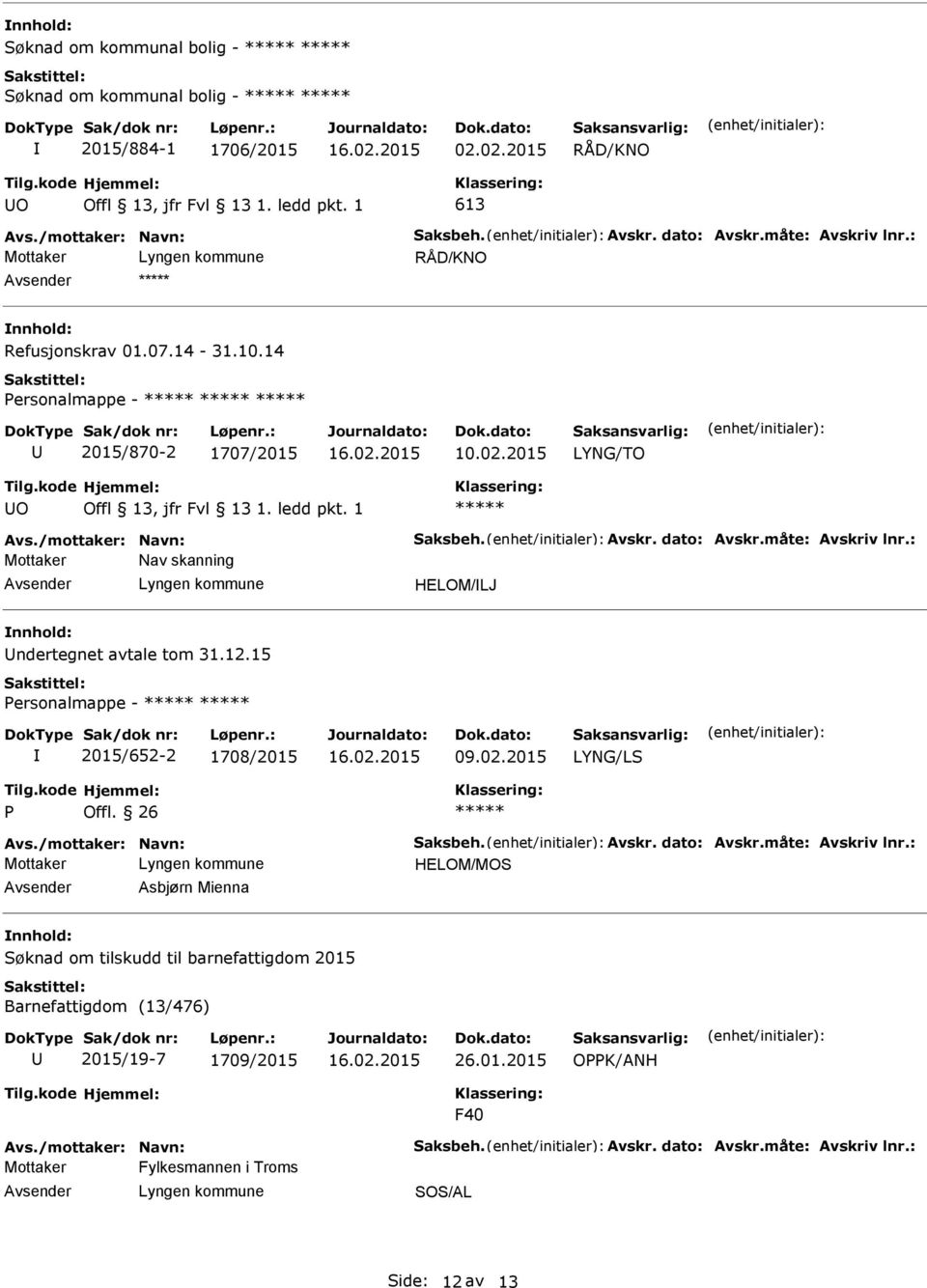 12.15 ersonalmappe - 2015/652-2 1708/2015 LYNG/LS Avs./mottaker: Navn: Saksbeh. Avskr. dato: Avskr.måte: Avskriv lnr.