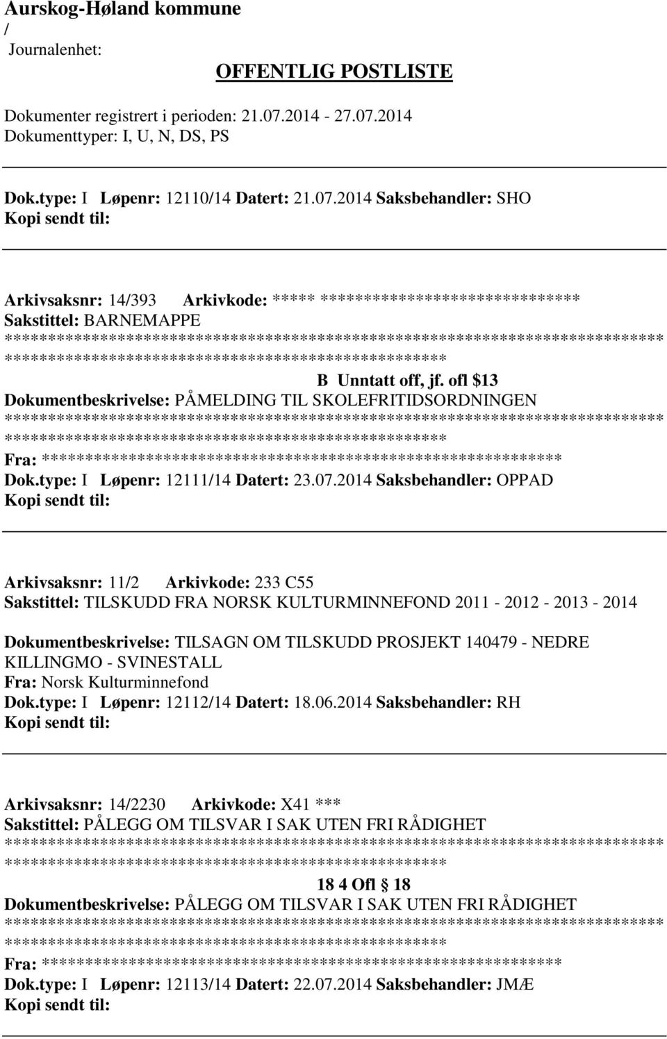 2014 Saksbehandler: OPPAD Arkivsaksnr: 112 Arkivkode: 233 C55 Sakstittel: TILSKUDD FRA NORSK KULTURMINNEFOND 2011-2012 - 2013-2014 Dokumentbeskrivelse: TILSAGN OM TILSKUDD PROSJEKT 140479 - NEDRE