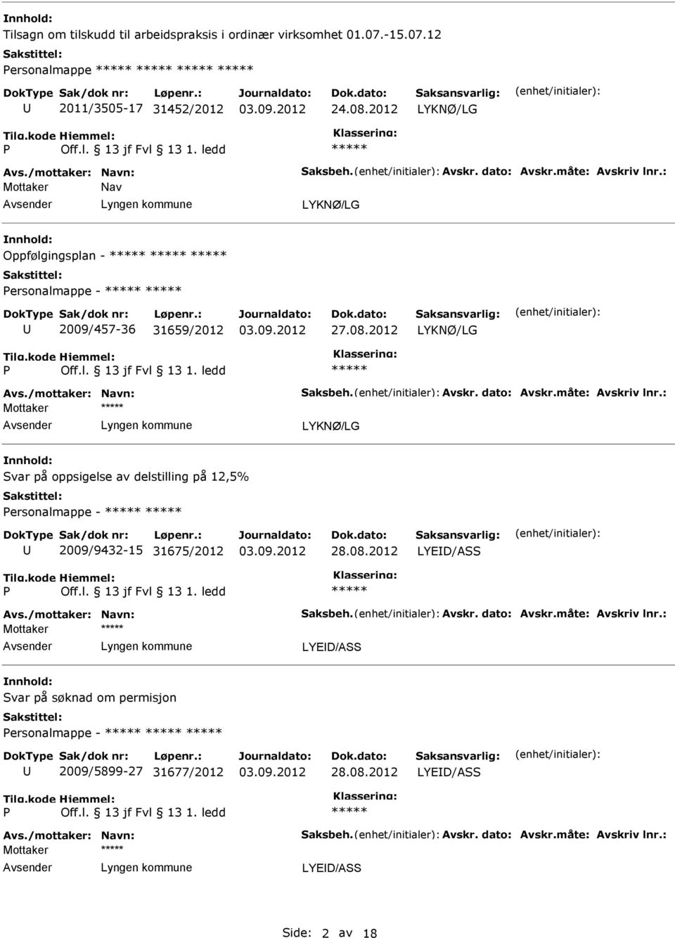 Mottaker LYKNØ/LG Svar på oppsigelse av delstilling på 12,5% ersonalmappe - 2009/9432-15 31675/2012 LYED/S
