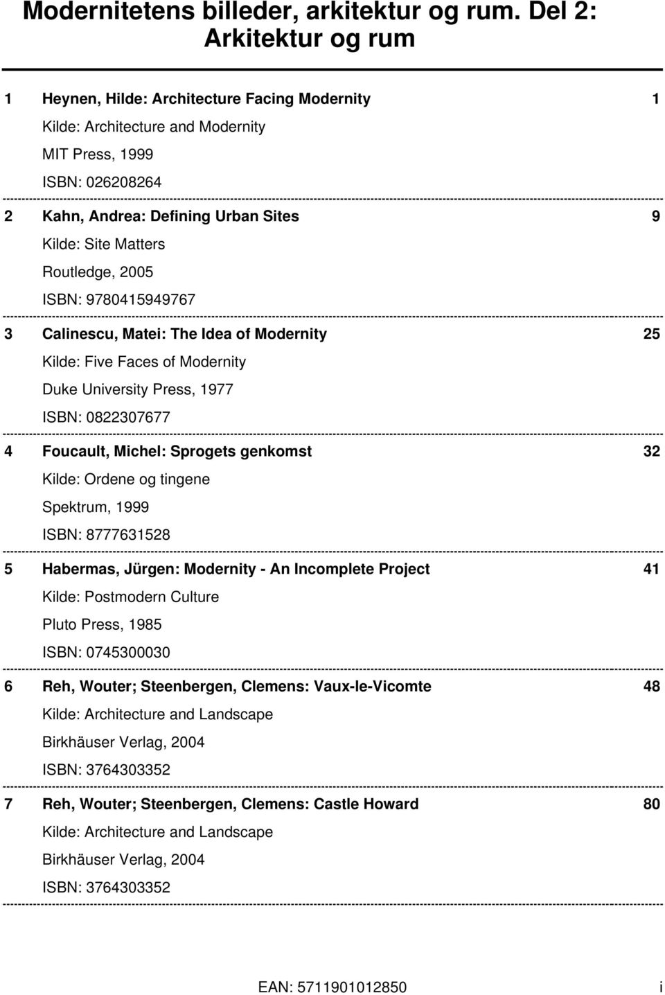 tingene Spektrum, 1999 ISBN: 8777631528 5 Habermas, Jürgen: Modernity - An Incomplete Project 41 Kilde: Postmodern Culture Pluto Press, 1985 ISBN: 0745300030 6 Reh, Wouter; Steenbergen, Clemens: