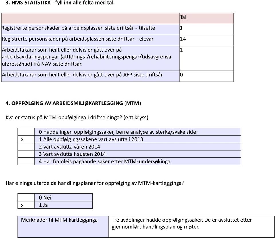 1 Arbeidstakarar som heilt eller delvis er gått over på AFP siste driftsår 0 4. OPPFØLGING AV ARBEIDSMILJØKARTLEGGING (MTM) Kva er status på MTM-oppfølginga i driftseininga?