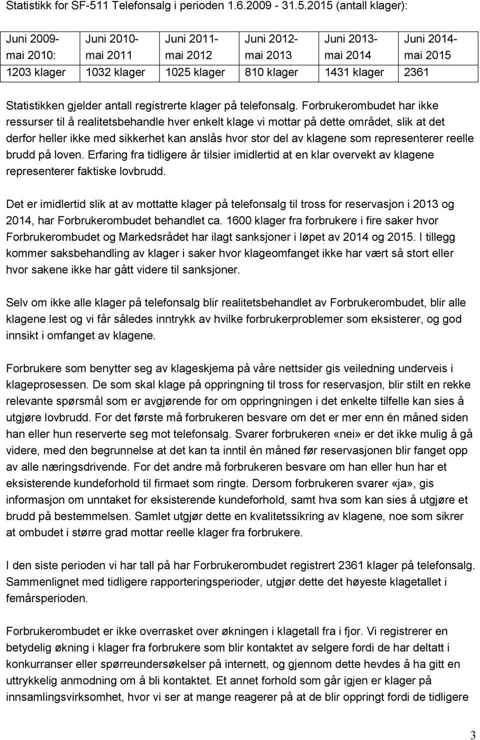 2015 (antall klager): Juni 2009- mai 2010: Juni 2010- mai 2011 Juni 2011- mai 2012 Juni 2012- mai 2013 Juni 2013- mai 2014 1203 klager 1032 klager 1025 klager 810 klager 1431 klager 2361 Juni 2014-