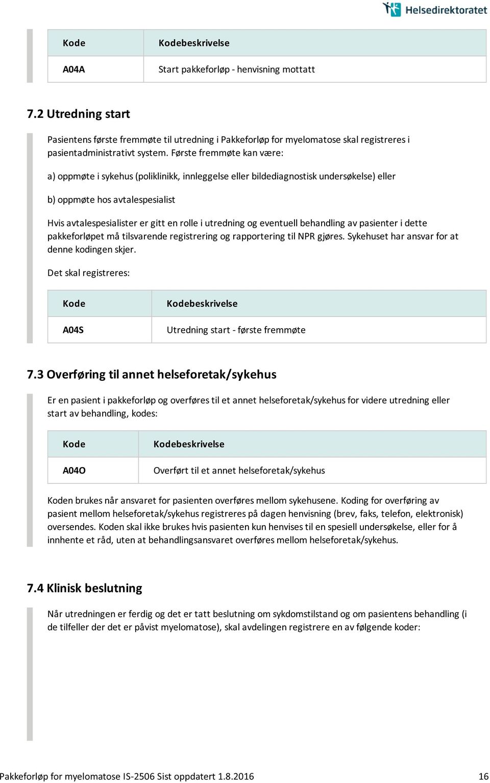 utredning og eventuell behandling av pasienter i dette pakkeforløpet må tilsvarende registrering og rapportering til NPR gjøres. Sykehuset har ansvar for at denne kodingen skjer.