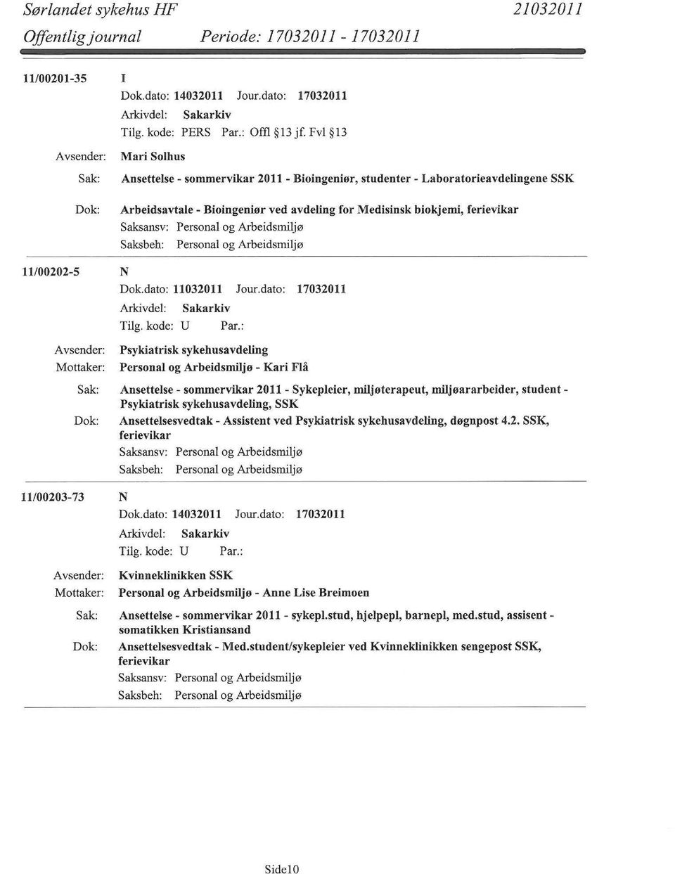 : Psykiatrisk sykehusavdeling - Kari Flå Ansettelse- sommervikar 2011- Sykepleier, miljøterapeut, miljøararbeider, student Psykiatrisk sykehusavdeling, SSK Ansettelsesvedtak- Assistent ved