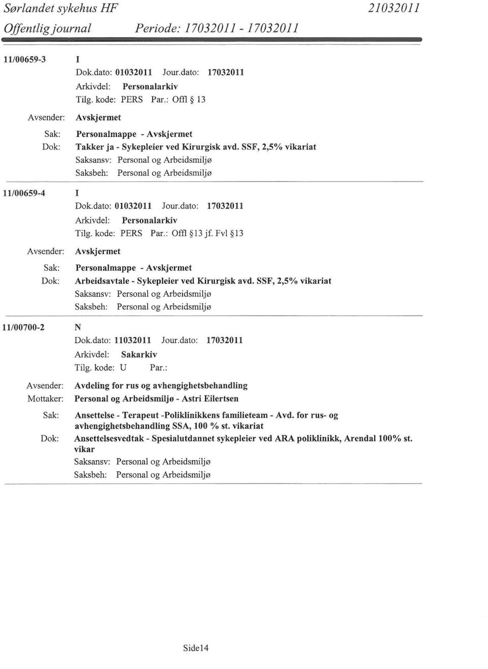 SSF, 2,5% vikariat 11/00700-2 N Dok.dato: 11032011 Jour.dato: 17032011 Sakarkiv Tilg. kode: U Par.
