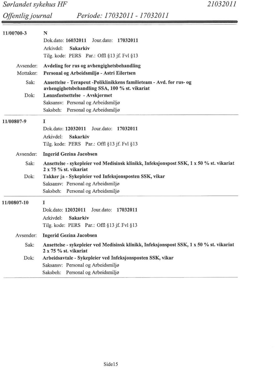 vikariat Lønnsfastsettelse - 11/00807-9 I Dok.dato: 12032011 Jour.dato: 17032011 Sakarkiv Ingerid Gezina Jacobsen Ansettelse - sykepleier ved Medisinsk klinikk, lnfeksjonspost SSK, l x 50 % st.