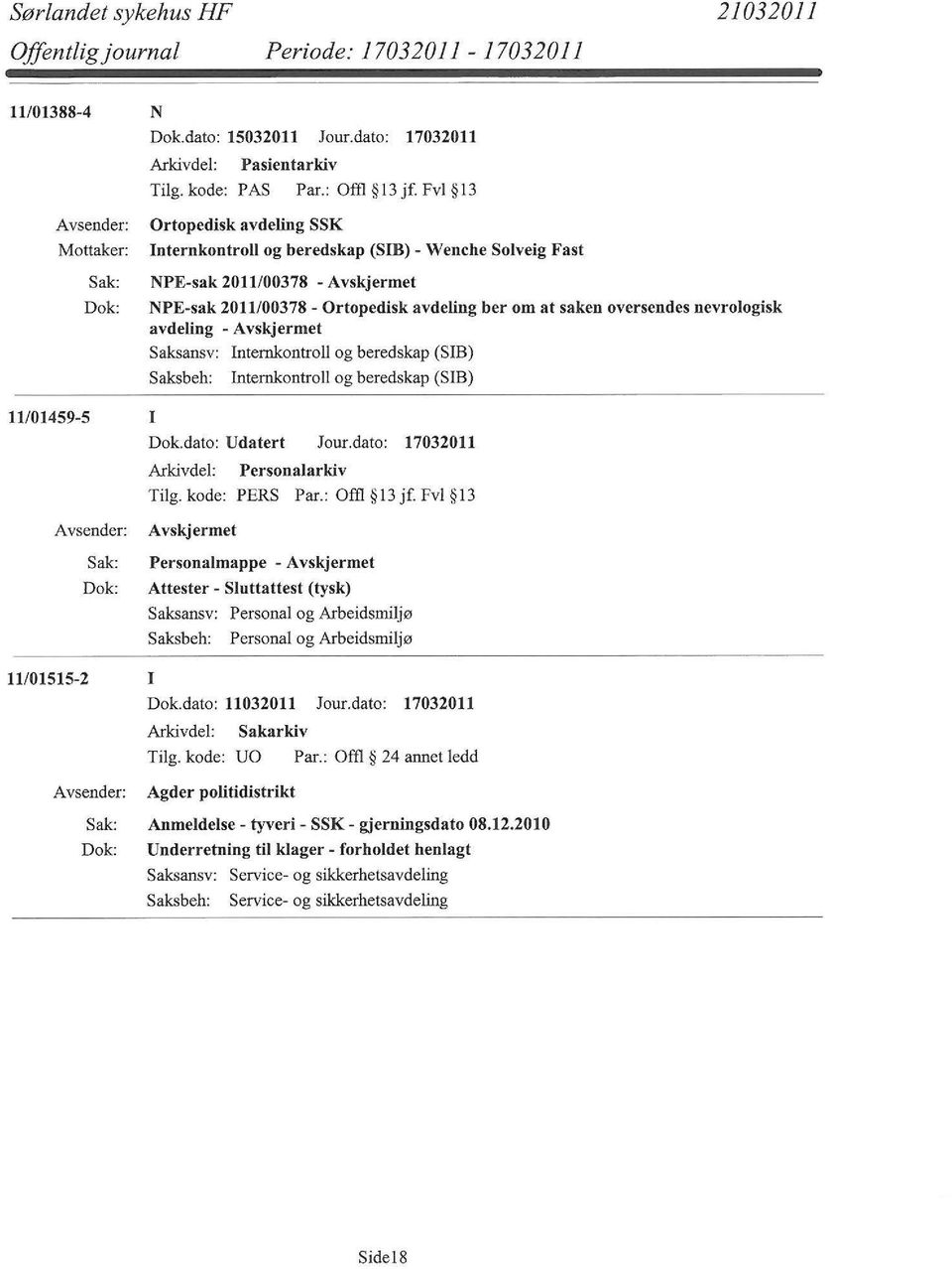 Saksansv: Internkontroll og beredskap (SIB) Internkontroll og beredskap (SIB) 11/01459-5 I Dok.dato: Udatert Jour.dato: 17032011 Tilg. kode: PERS Par.: Offl 13 jf.