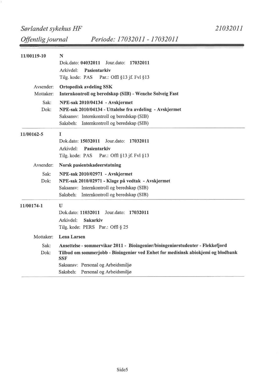 Internkontroll og beredskap (SIB) 11/00162-5 I Dok.dato: 15032011 Jour.dato: 17032011 Pasientarkiv Tilg. kode: PAS Par.: Offl 13 jf.