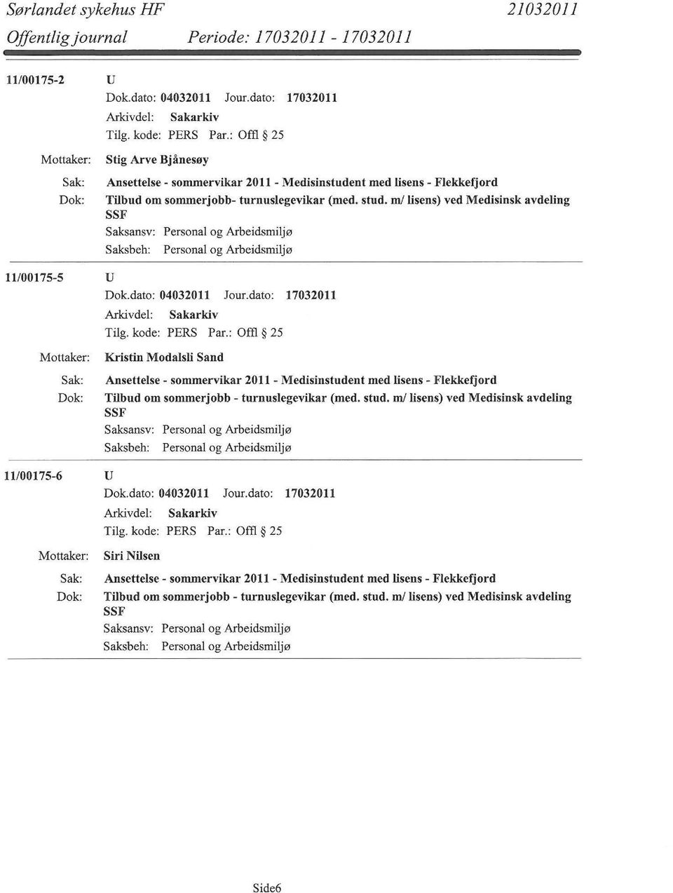 ml lisens) ved Medisinsk avdeling SSF 11/00175-5 u Dok.dato: 04032011 Jour.