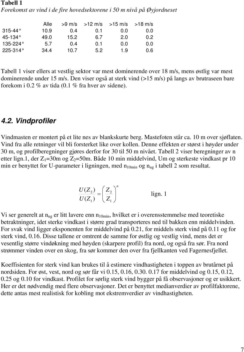 Den viser også at sterk vind (>15 m/s) på langs av brutraseen bare forekom i 0.2 % av tida (0.1 % fra hver av sidene). 4.2. Vindprofiler Vindmasten er montert på et lite nes av blankskurte berg.