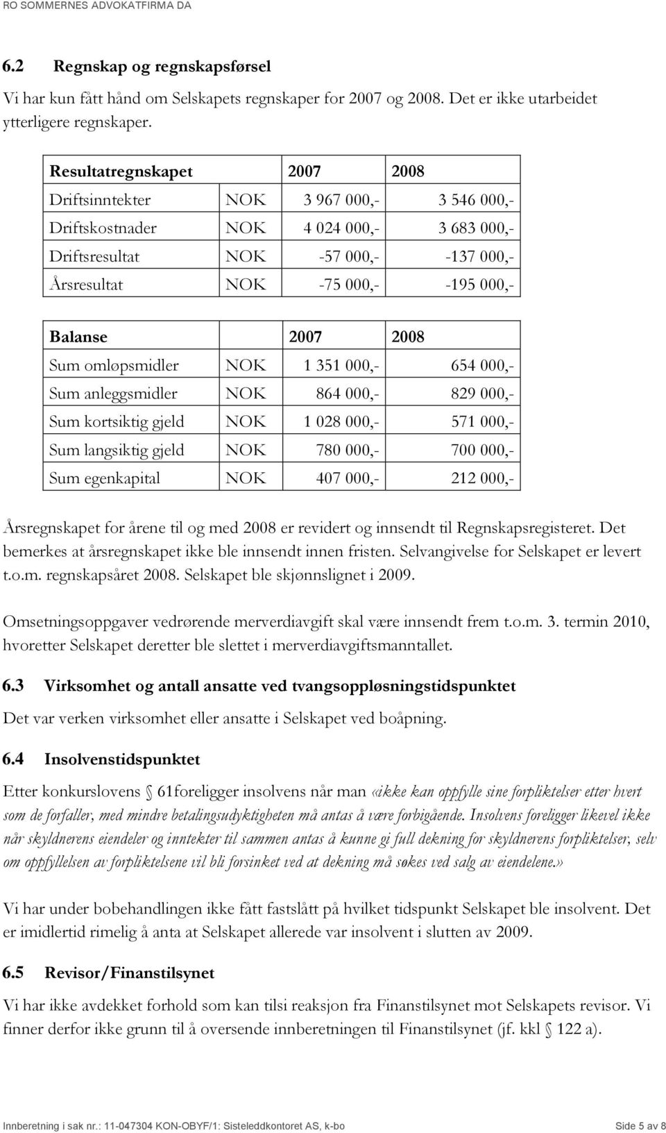 Balanse 2007 2008 Sum omløpsmidler NOK 1 351 000,- 654 000,- Sum anleggsmidler NOK 864 000,- 829 000,- Sum kortsiktig gjeld NOK 1 028 000,- 571 000,- Sum langsiktig gjeld NOK 780 000,- 700 000,- Sum