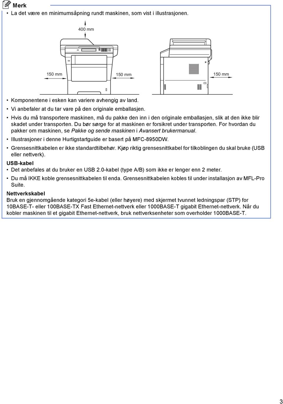 For hvorn u pkker om mskinen, se Pkke og sene mskinen i Avnsert rukermnul. Illustrsjoner i enne Hurtigstrtguie er sert på MFC-8950DW. Grensesnittkelen er ikke stnrtilehør.