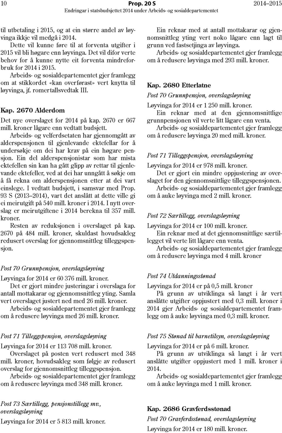 2670 Alderdom Det nye overslaget for 2014 på kap. 2670 er 667 mill. kroner lågare enn vedtatt budsjett.