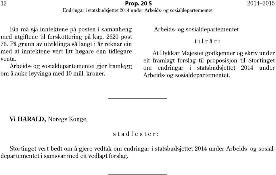 Arbeids- og sosialdepartementet tilrår: At Dykkar Majestet godkjenner og skriv under eit framlagt forslag til proposisjon til Stortinget om endringar i