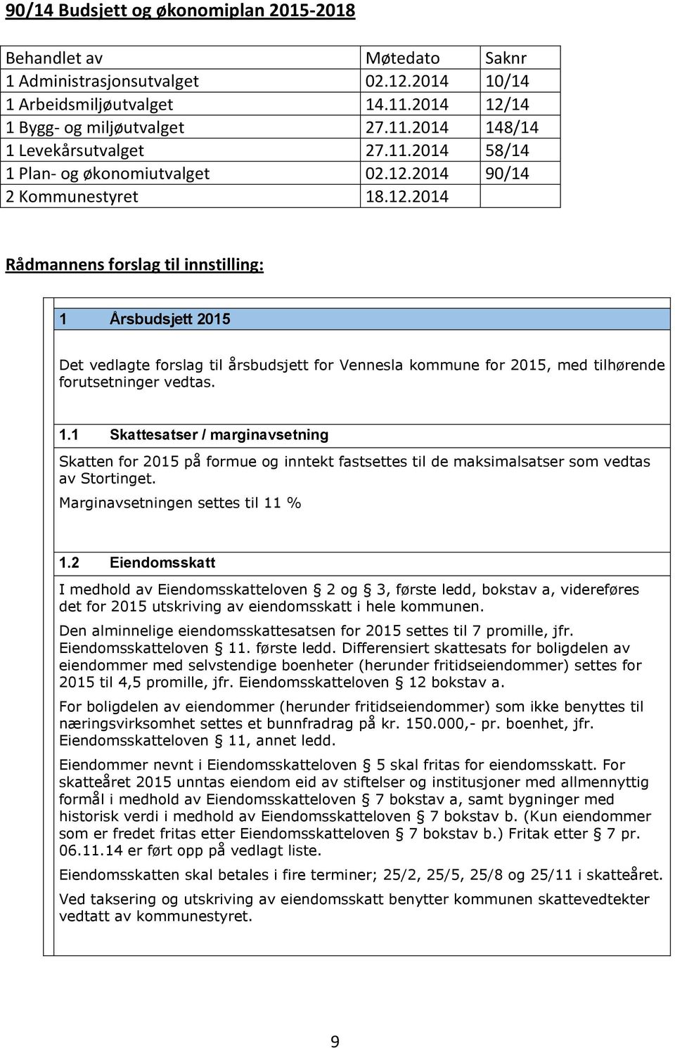 2014 90/14 2 Kommunestyret 18.12.2014 Rådmannens forslag til innstilling: 1 Årsbudsjett 2015 Det vedlagte forslag til årsbudsjett for Vennesla kommune for 2015, med tilhørende forutsetninger vedtas.