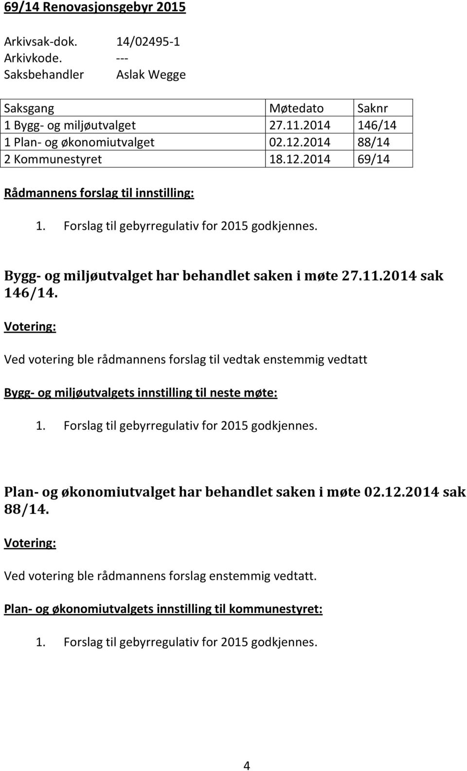 2014 sak 146/14. Ved votering ble rådmannens forslag til vedtak enstemmig vedtatt Bygg- og miljøutvalgets innstilling til neste møte: 1. Forslag til gebyrregulativ for 2015 godkjennes.