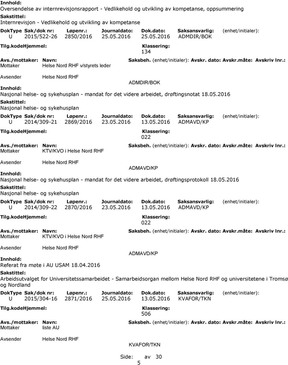 05.2016 13.05.2016 ADMAVD/KP Mottaker KTV/KVO i 022 ADMAVD/KP Nasjonal helse- og sykehusplan - mandat for det videre arbeidet, drøftingsprotokoll 18.05.2016 Nasjonal helse- og sykehusplan U 2014/309-22 2870/2016 23.