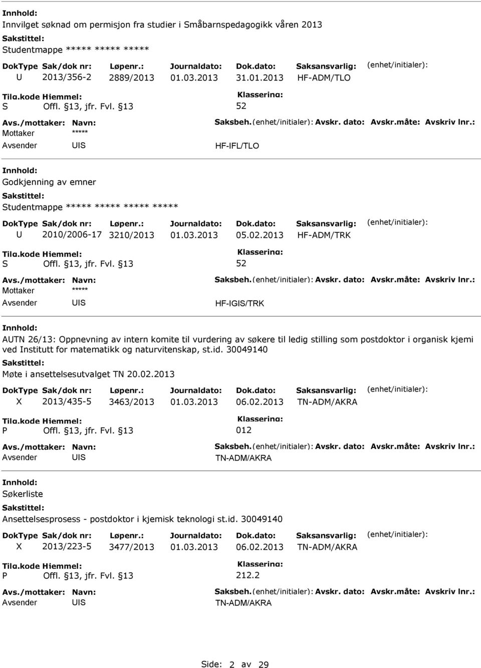 02.2013 HF-ADM/TRK HF-G/TRK ATN 26/13: Oppnevning av intern komite til vurdering av søkere til ledig stilling som postdoktor i organisk kjemi ved nstitutt for