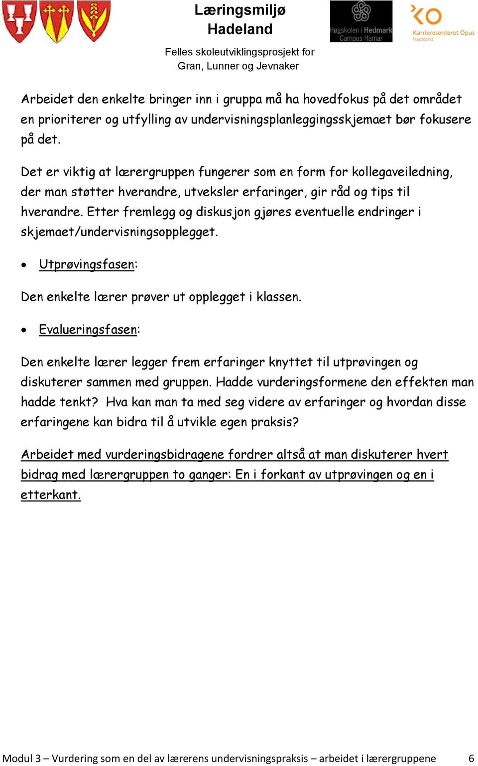 Etter fremlegg og diskusjon gjøres eventuelle endringer i skjemaet/undervisningsopplegget. Utprøvingsfasen: Den enkelte lærer prøver ut opplegget i klassen.